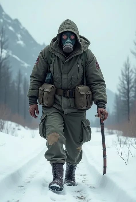 An injured soldier with a gas mask in winter environment 