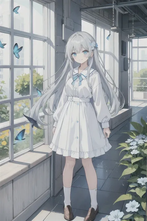 Gray hair、Very long hair · side tail on the right side · eyes of a different color 、Left eye is light blue、The right eye is gray, small breasts, white blouse, large collar, light blue cardigan, light blue ribbon on the sleeve of the cardigan, light gray ru...