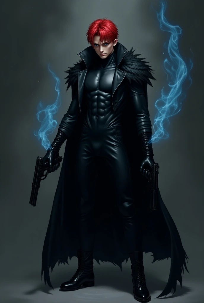 Male with sharp shape of face, 23 y.o. Thin, wears black leather bodysuit, black cocked hat, black heels, black leather gloves to armpits and black short robe of feathers. Short red hair, grey blue eye, predatory look, smugy smirk. Holds guns in hands. Blu...