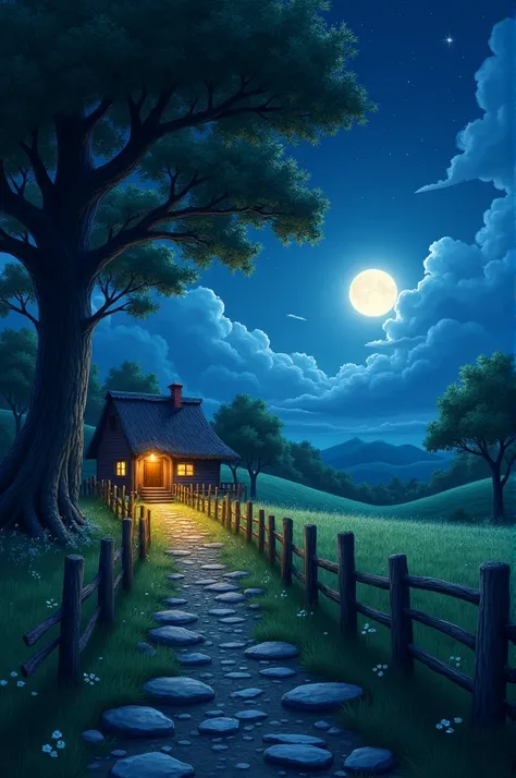 Create a peaceful rural landscape at night with a small cozy house in the distance, warmly lit from within. The house is surrounded by lush green grass and a wooden fence, leading to a rocky path illuminated by moonlight. The sky above is filled with stars...