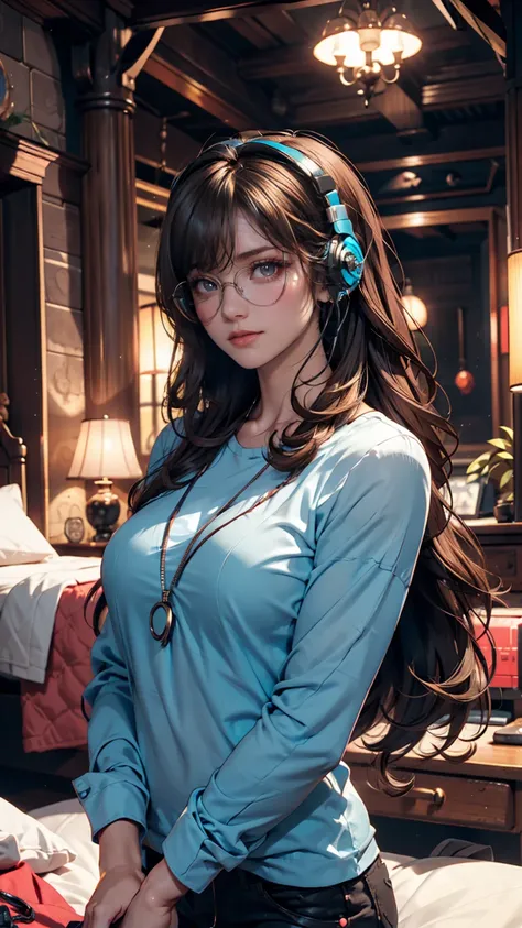  brown hair .  beautiful woman with curled hair and sunglasses 、 wearing large headphones - earpiece or surround、 Room of Darkness 、Neon Cyberpunk at night 、 coordinator Neon Glow 