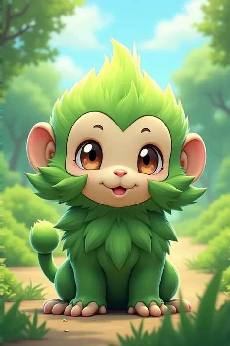 Pokemon, 3d anime, baby monkey, green flower fur, grass and fighting type