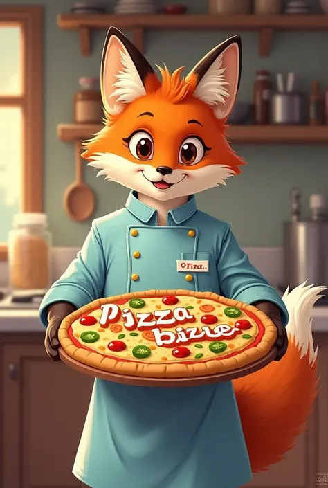  create a drawing of a fox in a light blue chefs costume holding a giant pizza with letters that say "Our pizzas and variations "