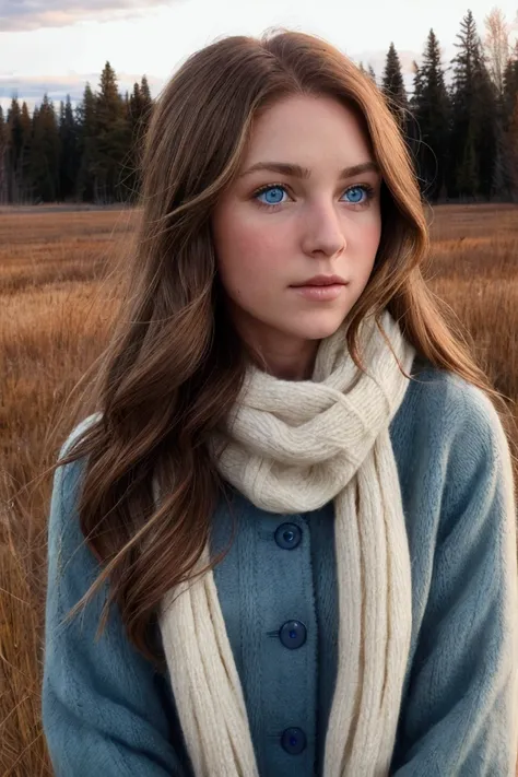  A brown-haired Canadian girl, muscular blue eyes of 1 . 75 on a Canadian meadow in winter 