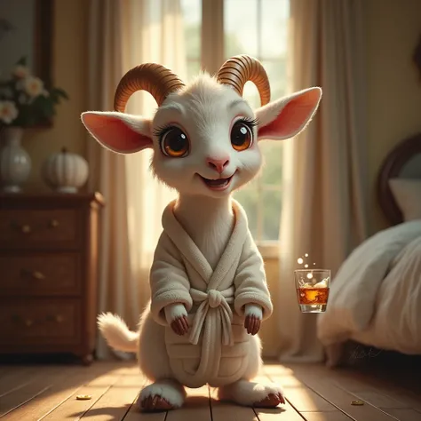  Create a young male goat with brown eyes , it must be very cute, with a naughty face,   he must be standing wearing an untied bathrobe ,  and one of your hands must have a whiskey glass ,  he must be on a porch of a luxury bedroom