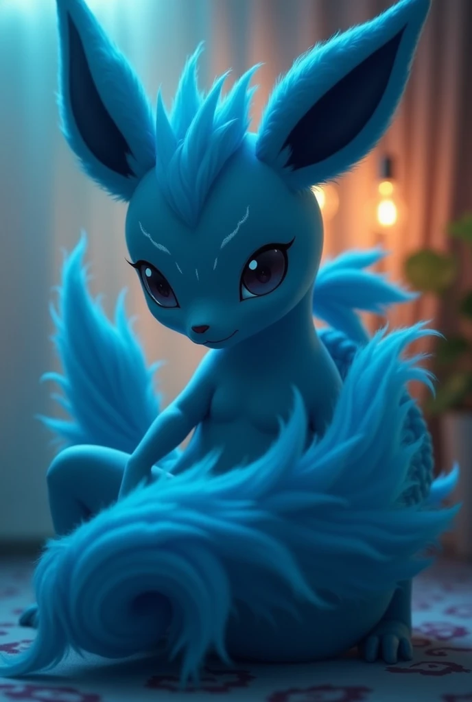 vaporeon,(8k, RAW photo,  The best quality ,  masterpiece :1.2), blue skin, Pokémon, (Pokémon (creature):1.2), (level :1.3), , NSFW,obscene,black eyes,Amphibian, creature anfíbia,  glowing skin,dog, dogeartig, Zorro, Poses lascivas, anime style,  A leg up ...