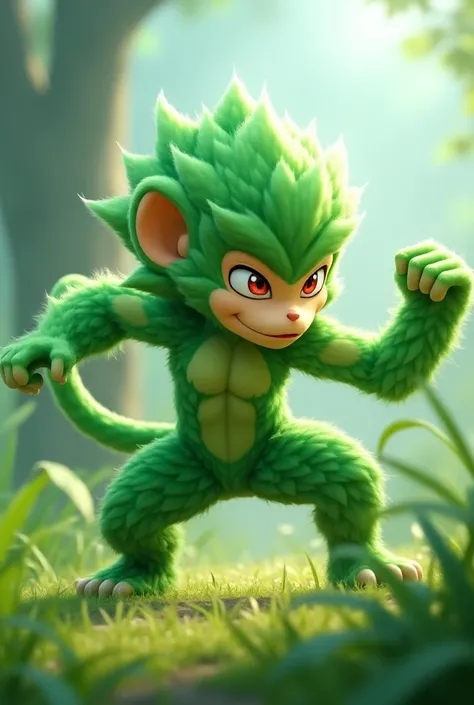 Pokemon, 3d anime, teen monkey, green flower fur, grass and fighting type, karate pose