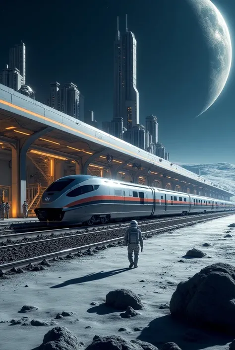 "Create a futuristic, highly detailed concept illustration of a railway station on the moon, built by NASA. Show a sleek, modern train stationed on a lunar platform with futuristic architecture, large windows, and metallic finishes. The moon’s rocky surfac...