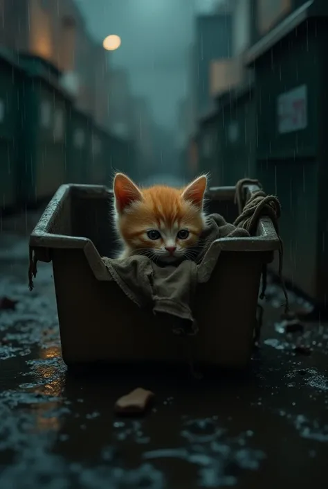 orange newborn kitten abandoned in a dumpster, kitten wearing tattered clothes, rainy night, 1 kitten, extremely detailed, high quality, photorealistic, hyperrealistic, 8k, HDR, natural lighting, gloomy, melancholic, sad, emotional, cinematic el gatito est...