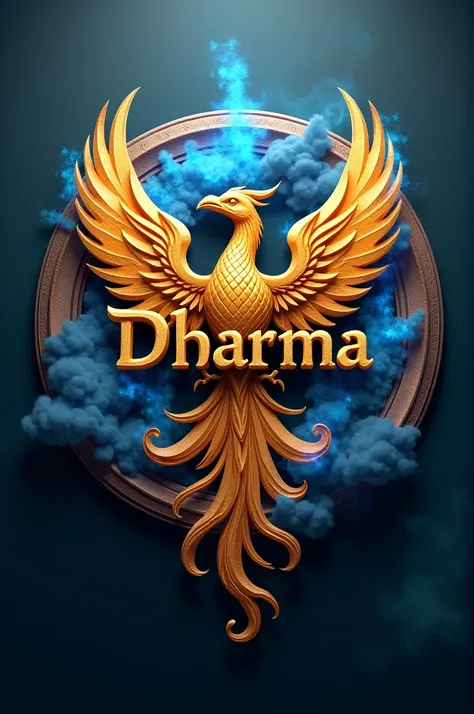  3d logo with name  "DHARMA",  in gold Phoenix bird ornament, background gelap,   big fire explosion effect ,blue fire effect , smoke effect ,  light and dark ,  realistic and abstract , superdetail, hyper realistic