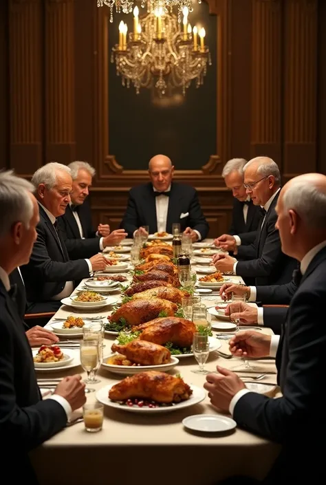  on a table full of food with old men and millionaires 