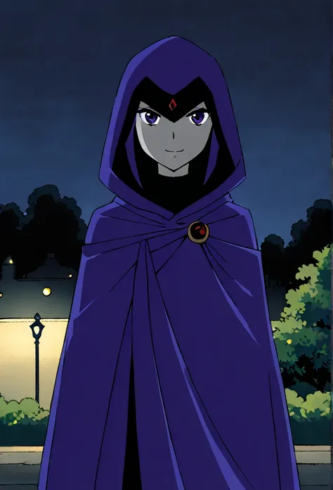 1girl, solo, raven (dc), purple eyes, purple hair, smile, grey skin, forehead jewel, blue cape covering whole body, cape touches the ground. long blue cape, standing, night, park, hood covered head, Masterpiece, Best Quality, 