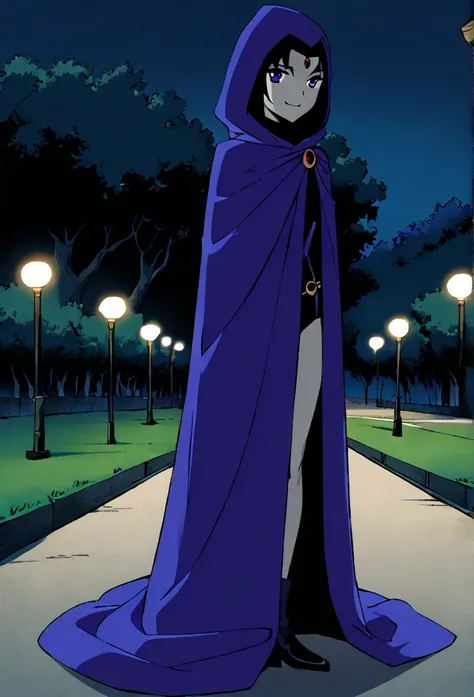 1girl, solo, raven (dc), purple eyes, purple hair, smile, grey skin, forehead jewel, blue cape covering whole body, cape touches the ground. long blue cape, standing, night, park, hood covered head, Masterpiece, Best Quality, 