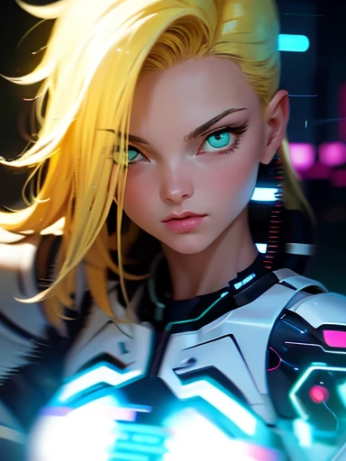 Android 18 , blonde air , The whole body is visible、Full Body View、Head to toe diagram、beautiful, Shining Futuristic Woman , Complex Circuits, Neon-like colors, Cyberpunk Style , advanced technology, Digital Art , Advanced Details, Realistic, Of dramatic l...