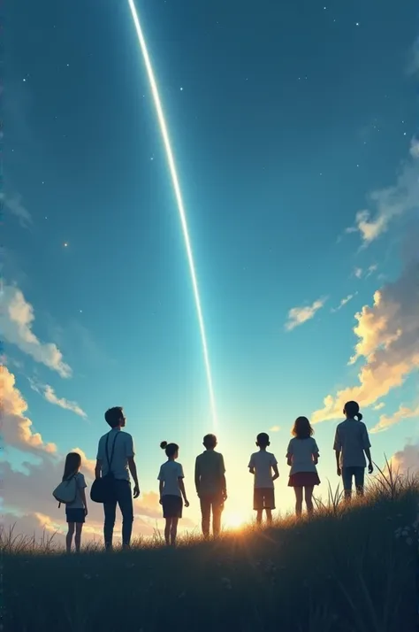  realistic scene with people on Earth looking up at the sky, where a thin, glowing horizontal band stretches across the sky above them, resembling the appearance of planetary rings from Earth. The band is a straight, narrow line of light across the sky, no...