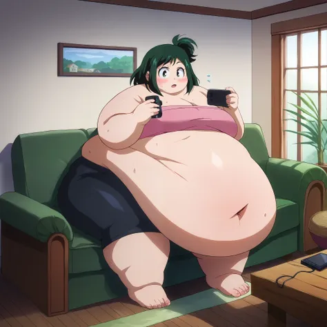 score_9, score_8_up, score_7_up, source_anime BREAK 1girl, Midoria Inko, green hair, green eye, short hair, female , blush, ganryu, tube top, black bike shorts, house, living room, blush,  sweating, growing fatter, fat, chubby, obese, full body shot, gigan...