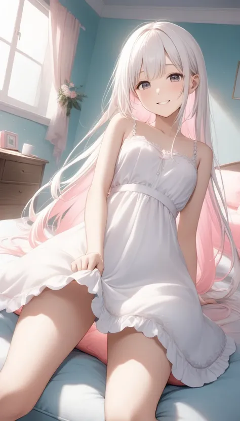 One, cute girl,Young Face、 Slim Body 、Thin legs、８Head to Body、((White hair colour、 Light pink inner color hairstyle、 with fully trimmed ends 、Long Hair))、((Light clothing、 dress))、(( my room 、 Dressed on a large cushion ))、  lens flare ,Natural colors,   H...