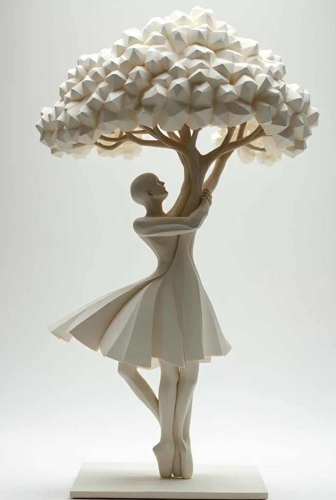  sculpture of a ballerina holding a tree ,  the tree bigger than her ,  the ballerina and the tree that sounds like geometric figures,Not as detailed .