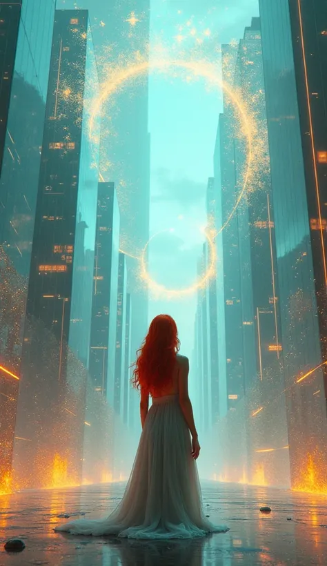 City of Glass"
A surreal scene where a stunning woman with fiery red hair stands in the middle of a futuristic city made entirely of transparent glass structures. Her face is partially obscured by the translucent reflections of the city, but her expression...