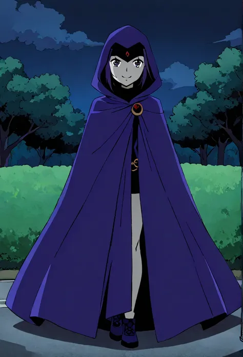 1girl, solo, raven (dc), purple eyes, purple hair, smile, grey skin, forehead jewel, blue cape covering whole body, cape touches the ground. long blue cape, standing, night, park, hood covered head, Masterpiece, Best Quality, 