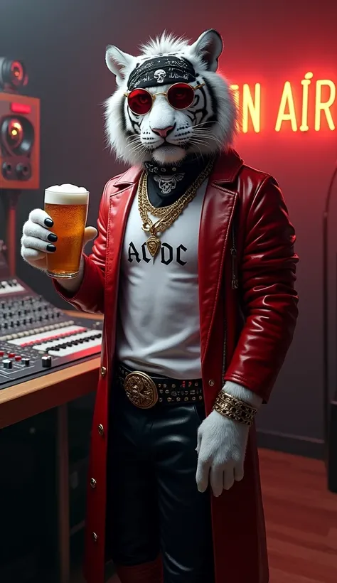 Full-body A sophisticated anthropomorphic [white Tiger] dressed in a [ Spiky Short Hair, Three-layer gold chain necklace with a triskelion pendant, Black bandana with bold skull graphic motif, Ruby-tinted lenses with dark silver frame, tied with a large kn...