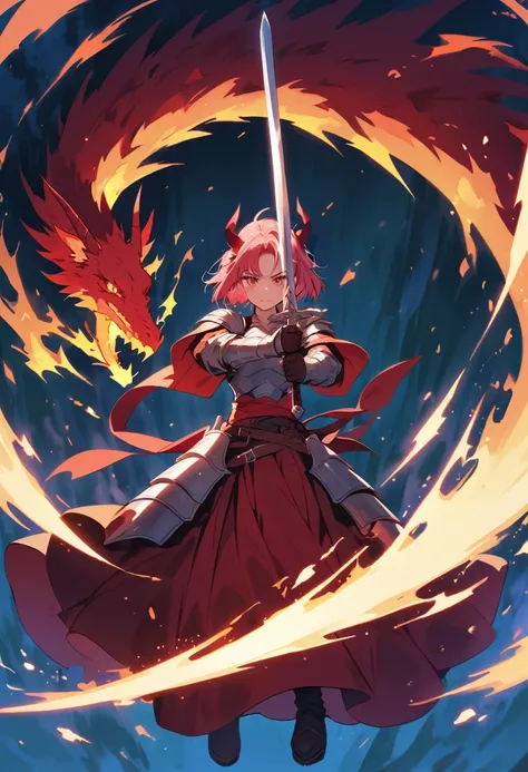 strong emotions, Sakura, dragon, short hair, light, focus, dragon Tamer, full body , horns on head, com um filhote de dragon ns braços, full ,body , half Lightersaber sword blade,heavy dragon armor,  tall , one sword 