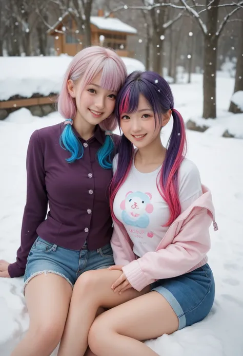 smiling, Baby face, japan ren girl,  two-tone Hair, purple long twintail hair, medium breasts, pinkish-white shiny Skin, chocolate shorts shirt, sherry hood , Womens black and purple suit with blue trim Jeans mini skirt s, snow, Sitting back turn your head...