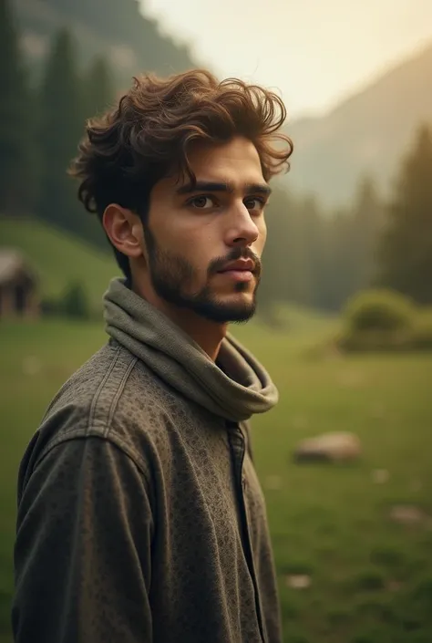 "Create an image of a 19-year-old Muslim boy with brown eyes, light curly hair, and a light beard, standing in a beautiful natural landscape, such as a lush green meadow, peaceful forest, or a serene mountain view. His outfit is modern yet modest—perhaps a...