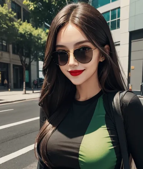 Woman black sunglasses, green t-shirt, blue skinny pant suit, long hair, brown hair,  red lipstick, high detailed, realistic, ultra realistic, smile, another dimension 