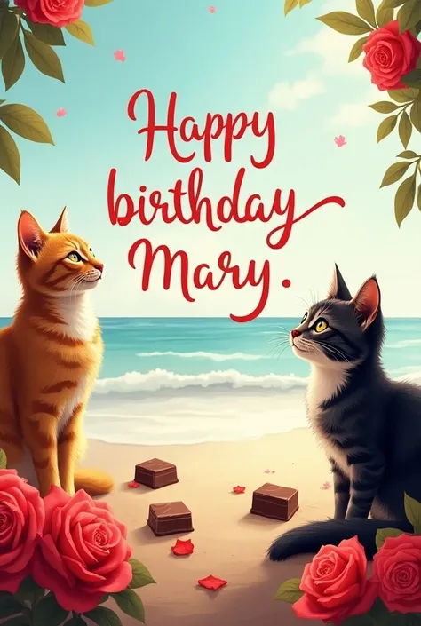 Happy birthday card that says  "happy birthday mary, I love you very much"  in Spanish decorated with red roses and some chocolates
Realistic cats on the sides, Lead-colored and one black-white-speckled, Put an image of the beach in the background

