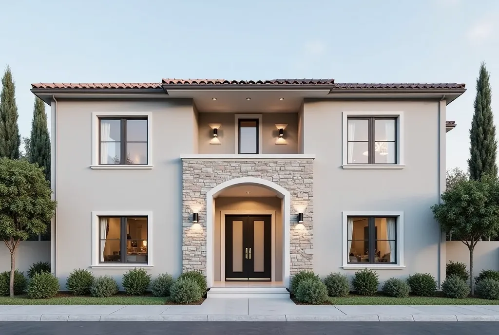 "generate a modern two-story villa exterior with a symmetrical facade. the villa should have a combination of light gray stucco ...