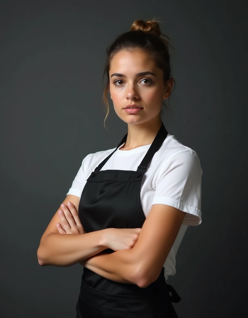  professional photo of Young Brazilian Waitress , hair tied with a bun , wearing white t-shirt and black apron ,  holding a very large warning sign on the side, dark gray background