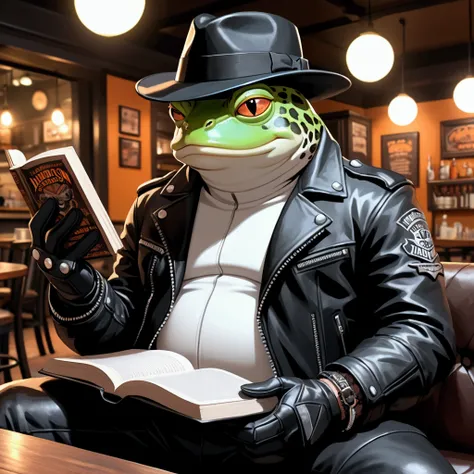 Closeup, an extremely badass anthropomorphic light blue and white bullfrog wearing an insanely cool black leather Harley Davidson biker jacket open, black fedora, black leather biker gloves, black leather biker pants, relaxing in a cozy evening cafe, looki...