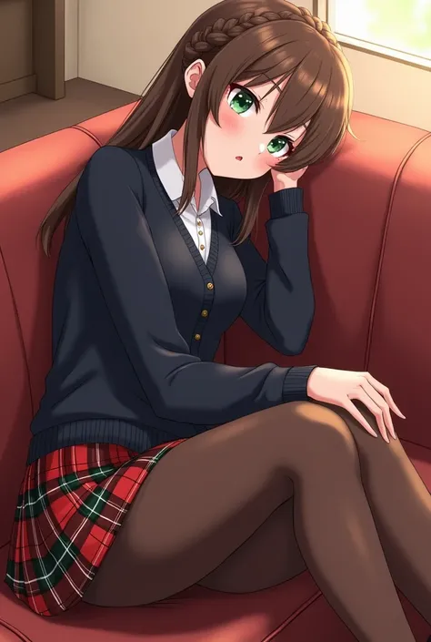 An anime-style illustration of a 30-year-old mature tall female older sister-type character with long brown hair in a crown braid and deep green eyes, wearing an outfit consisting of a navy cardigan, a red, green and white tartan pleated skirt, opaque brow...