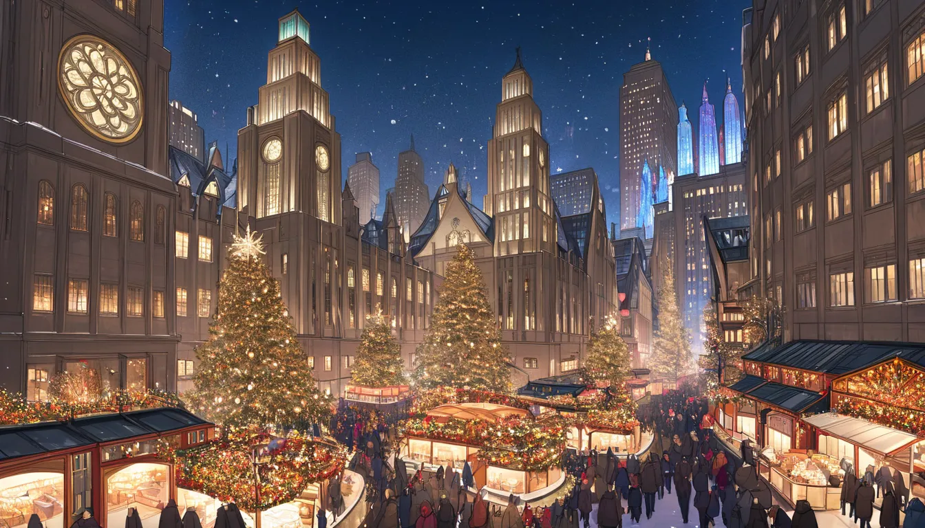 at a bustling christmas market in new york city, vibrant stalls line the streets with festive decorations, twinkling lights, and...