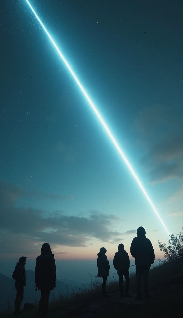 People of earth looking at the sky which shows a thin bright light acroos the sky not a circle form one end to the other end from left to right not touching the earth surface only in sky 