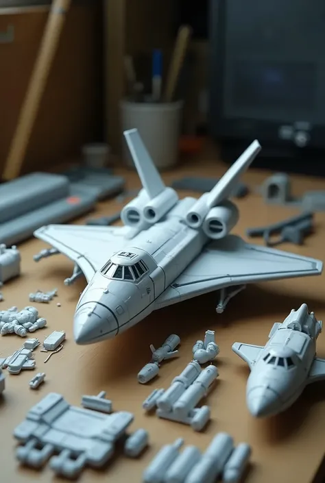 live-action、 real、 unassembled plastic model placed on a desk 、is placed on the desk。 is placed on a desk and when assembled it becomes a space shuttle