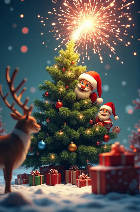  Make me a striking Christmas image showing a Christmas tree and a Santa Claus peeking out from behind the tree ,  I also want him to have fireworks on the top and a reindeer with gifts .  The Christmas tree should be the center of attention and be focused...