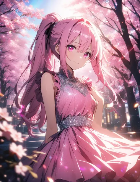 1girl, solo, Pink Shine Bright Hair, hair between eyes, Long hair, ponytail, (Pink shiny Bright Eyes), cute, Mesmerise, Little smile, closed mouth,  (cowboy shot, half body),  BREAK
(gradient dress), BREAK
outdoors, blooming sakura trees, evening, lights, ...