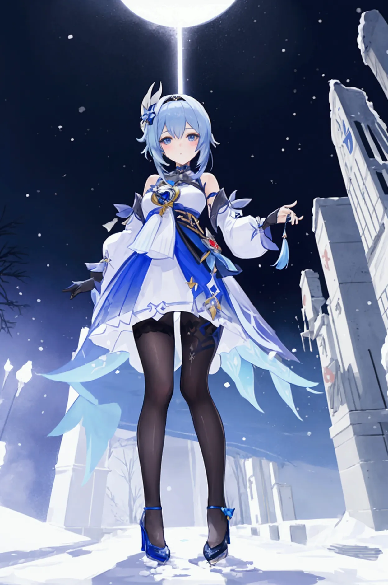 You have a furina from Genshin Impact dressed in a light blue dress short to the knees and black tights with semi-high heels under the snow full body 