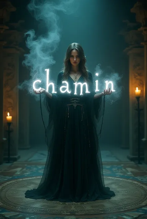 Elemental witch doing magic writing the name “C h a m i n”
 