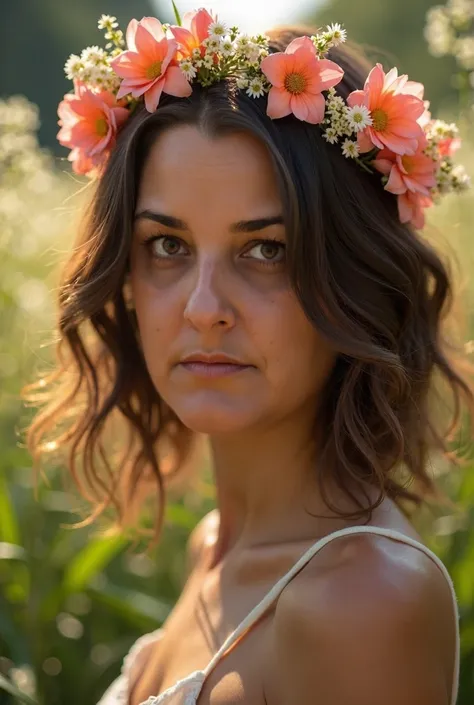 50 anos,  corte de cabelo curto, chanel invertido, desfiado com a parte de trás da cabeça raspada,  . beautiful woman in a garden, detailed face, long brown hair, beautiful eyes, full lips, flower crown, nature background, sunlight, cinematic lighting, sof...