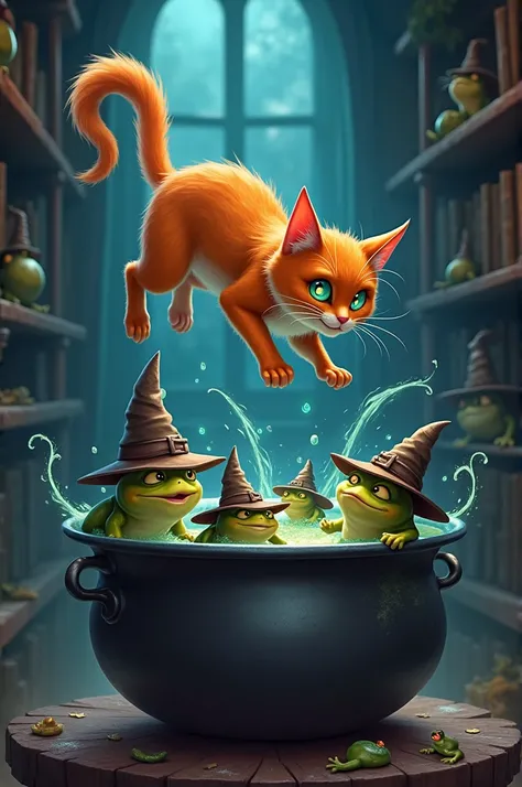 Cat jumping over a pot full of toads wearing a wizards hat