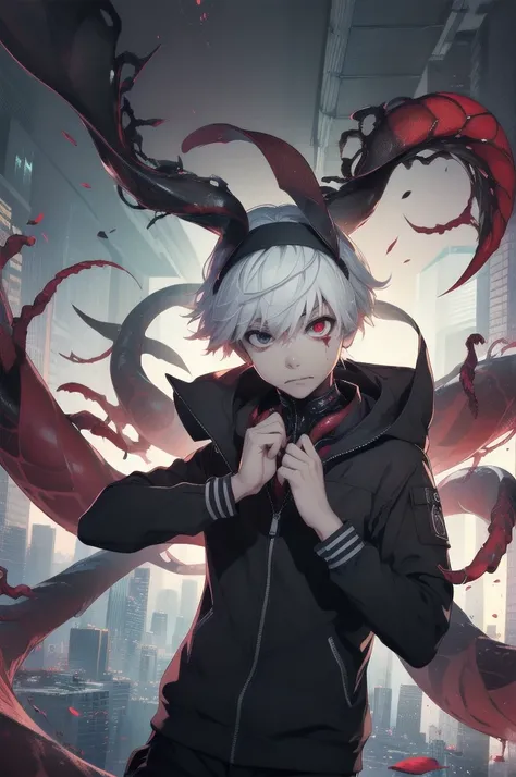 8K, animated, portrait,  Best quality ,  ultra high resolution, ultra detallado,  High Contrast Color Tone ,  Extremely Detailed Lighting, Soft lights, (masterpiece,  lyrics:1.4), (Kaneki-ken,  white hair, red and black eye,  | Teeth, blood eyes,  black ja...