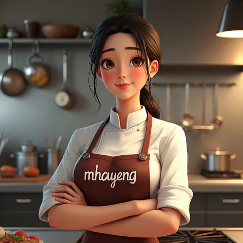 Realistic: a lady in her mid 20s Wearing chefs outfit with a word "Mhayeng" written on her apron. In the Kitchen. 