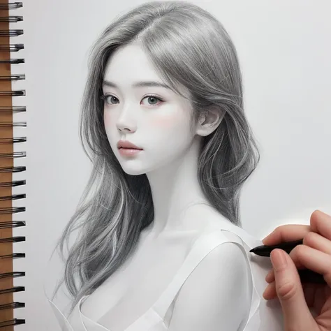 Draw a beautiful woman on a piece of white paper.、Japanese、Realistic、The only technique you can use is colored lines.、Please draw using hatching only、Art Wallpapers、4K, 8k,