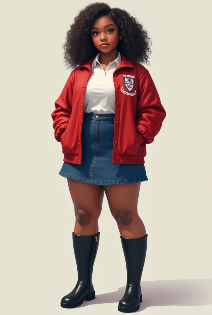  An 18-Year-Old Full-Bodied Teenage Girl. dark skinned, with curly hair, in school uniform.
 Uniform Description :
white sleeveless shirt.
 Red jacket with the schools coat of arms called Las Estrellas.
blue denim skirt.
long black boots 