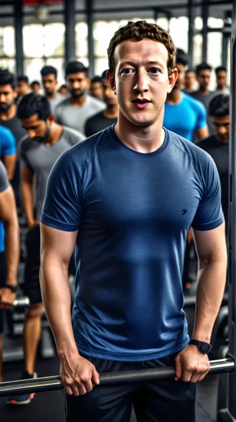 Healthy and Lean Mark Zuckerberg, (HDR: 1.2), wearing a Gym Shirt, Push Ups at the Crowded Gym located in Down Town India, People are curious to see him (Hyper Realistic, Cinematic)