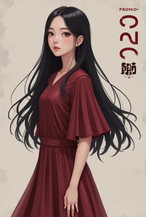  Woman with long black hair,  graduate wearing rosewood dress with short sleeves,  flared knee-length , with black scholarship ,  on the right side say : promo 2024 de manera orizontal y  on the right side say  AIJ de manera orizontal 