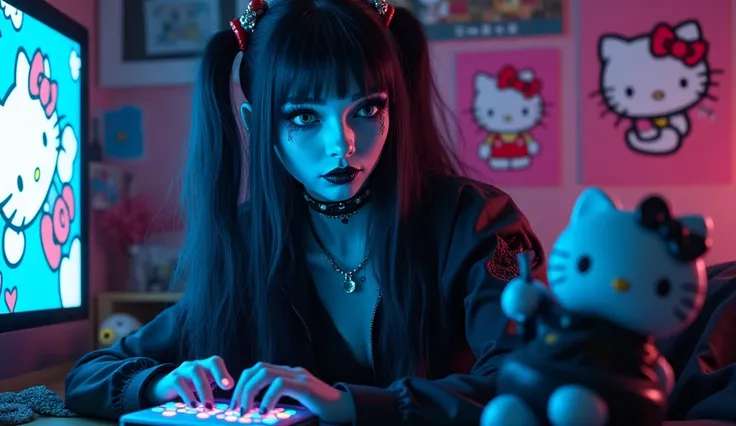 blue-skinned Goth bimbo playing hello kitty video games

